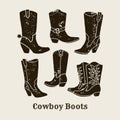 Cowboy boots silhouette Collection in retro style Royalty Free Stock Photo