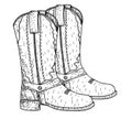 Cowboy boots sketch. American traditional leather boots. Graphic hand drawn illustration isolated on white for print or