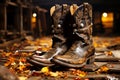 Cowboy boots, spurs, lasso on weathered barn floor Royalty Free Stock Photo