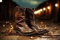 Cowboy boots, spurs, lasso on weathered barn floor Royalty Free Stock Photo