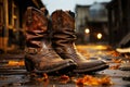 Cowboy boots, spurs, lasso on weathered barn floor Royalty Free Stock Photo