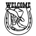 Cowboy boots and western hat. Vector graphic black cowboy Welcome sign illustration horseshoe rodeo isolated on white for print or Royalty Free Stock Photo