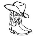 Cowboy boots and western hat. Vector graphic hand drawn illustration rodeo cowboy clothes isolated on white for print
