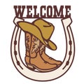 Cowboy boots and western hat. Vector graphic cowboy Welcome sign color printable illustration horseshoe rodeo isolated on white Royalty Free Stock Photo
