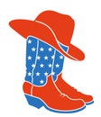 Cowboy boots and western hat. Vector red blue colors illustration of rodeo cowboy clothes with American flag decor isolated on Royalty Free Stock Photo