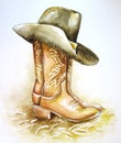 Cowboy boots and western hat watercolor hand drawn illustration isolated on white for design. Country rodeo cowboy American tradit Royalty Free Stock Photo