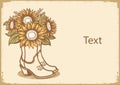 Cowboy boots with yellow sunflowers bouquet decoration. Vintage vector color illustration Country wedding decor background for