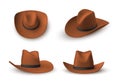 Cowboy brown hat different view set realistic vector male wild west American traditional headdress Royalty Free Stock Photo