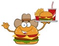 Cowboy Burger Cartoon Mascot Character Holding A Platter With Burger, French Fries And A Soda