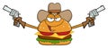 Cowboy Burger Cartoon Mascot Character Holding Up Two Revolvers