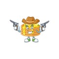 A cowboy cartoon character of lemon cream pancake holding guns