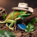 A cowboy chameleon in a cowboy hat and boots, wrangling miniature toy cattle5 Royalty Free Stock Photo