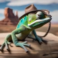 A cowboy chameleon with a ten-gallon hat, boots, and a lasso on the wild west range2