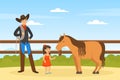 Cowboy Character Working on Farm, Male Farmer and Cute Little Girl Caring for Pony Horse on Summer Landscape Vector Royalty Free Stock Photo