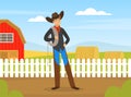 Cowboy Character Working on Farm, Male Farmer Standing with Lasso on Background of Rural Landscape Vector Illustration