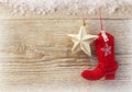 Cowboy christmas background with toys on wood texture