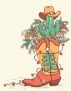 Cowboy boot with Christmas elements isolated on white.Vector han