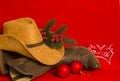 Cowboy Christmas card.American West traditional boots and hat on Royalty Free Stock Photo