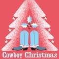 Cowboy christmas card red background with western boots and christmas tree