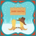 Cowboy Christmas card with western boots and hat on winter background Royalty Free Stock Photo