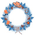 Cowboy Christmas illustration. Western christmas wreath with cowboy boots and cowboy hat decoration and holly berry isolated on Royalty Free Stock Photo