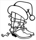 Cowboy Christmas vector printable illustration. Cowboy boots and Santa hat Christmas lights decor isolated Royalty Free Stock Photo