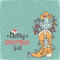 Cowboy christmas. Vector Santa with cowboy boots and hat sit on horseshoe decorated holly berry and hold lasso christmas text Royalty Free Stock Photo