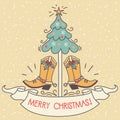 Cowboy christmas. Vector Santa with cowboy boots and hat sit on horseshoe decorated holly berry and hold lasso christmas text Royalty Free Stock Photo