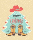 Cowboy christmas. Vector Santa with cowboy boots and hat sit on horseshoe decorated holly berry and hold lasso christmas text Royalty Free Stock Photo