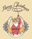 Cowboy christmas. Vector Santa with cowboy boots and hat sit on horseshoe decorated holly berry and hold lasso christmas text Royalty Free Stock Photo