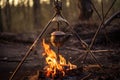 cowboy coffee pot hanging from tripod over fire