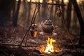 cowboy coffee pot hanging from tripod over fire