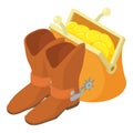 Cowboy concept icon isometric vector. Cowboy boot and wallet with gold coin icon