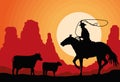 cowboy with cows silhouette Royalty Free Stock Photo