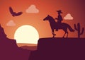 Cowboy in desert on sunset time Royalty Free Stock Photo