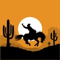 Cowboy driving wild horse silhouette. American Desert with cactuses and sunrise. Vector silhouette of Arizona Desert Graphic Royalty Free Stock Photo