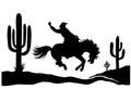 Cowboy driving wild horse silhouette. American Desert with cactuses. Vector Black silhouette of Arizona Desert Graphic Royalty Free Stock Photo