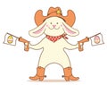 Cowboy easter rabbit and easter eggs. Cute bunny in cowboy hat and western boots hold guns. Vector color illustration for card