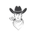 Cowboy face isolated on the white background. Element for shirt, logo, print, stamp, tee. Vector. Wild west.