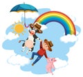 A cowboy and farm animals in the sky Royalty Free Stock Photo