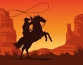 Cowboy Figure Silhouette In Horse Lassoing Sunset Lansdscape Scene