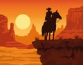 cowboy figure silhouette in horse sunset lansdscape scene