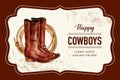 Cowboy frame design with boots, rope watercolor illustration Royalty Free Stock Photo