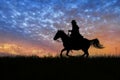 Cowboy galloping at dawn, silhouette Royalty Free Stock Photo