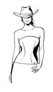 Cowboy girl with a hat and a corset. Black and white Vector.