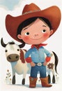 Cowboy girl with a little cow. Cartoon illustration for children\'s book. Generative AI Royalty Free Stock Photo