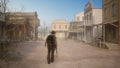 3D illustration of a gunman walking away through a wild west town with a rifle in hand