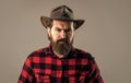 cowboy guy with long beard. brutal mature hipster wear checkered shirt and hat. wild west