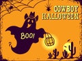 Cowboy halloween. Happy Halloween ghost with cowboy hat hold pumpkin vector card background with text.