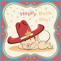 Cowboy happy birthday card with little baby in big western sheri Royalty Free Stock Photo